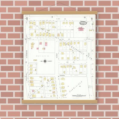 Old map wall art mockup — magnetic wood frame on brick wall — Sanborn Fire Insurance Map from Moberly, Randolph County, Missouri (1923), Sheet #0007