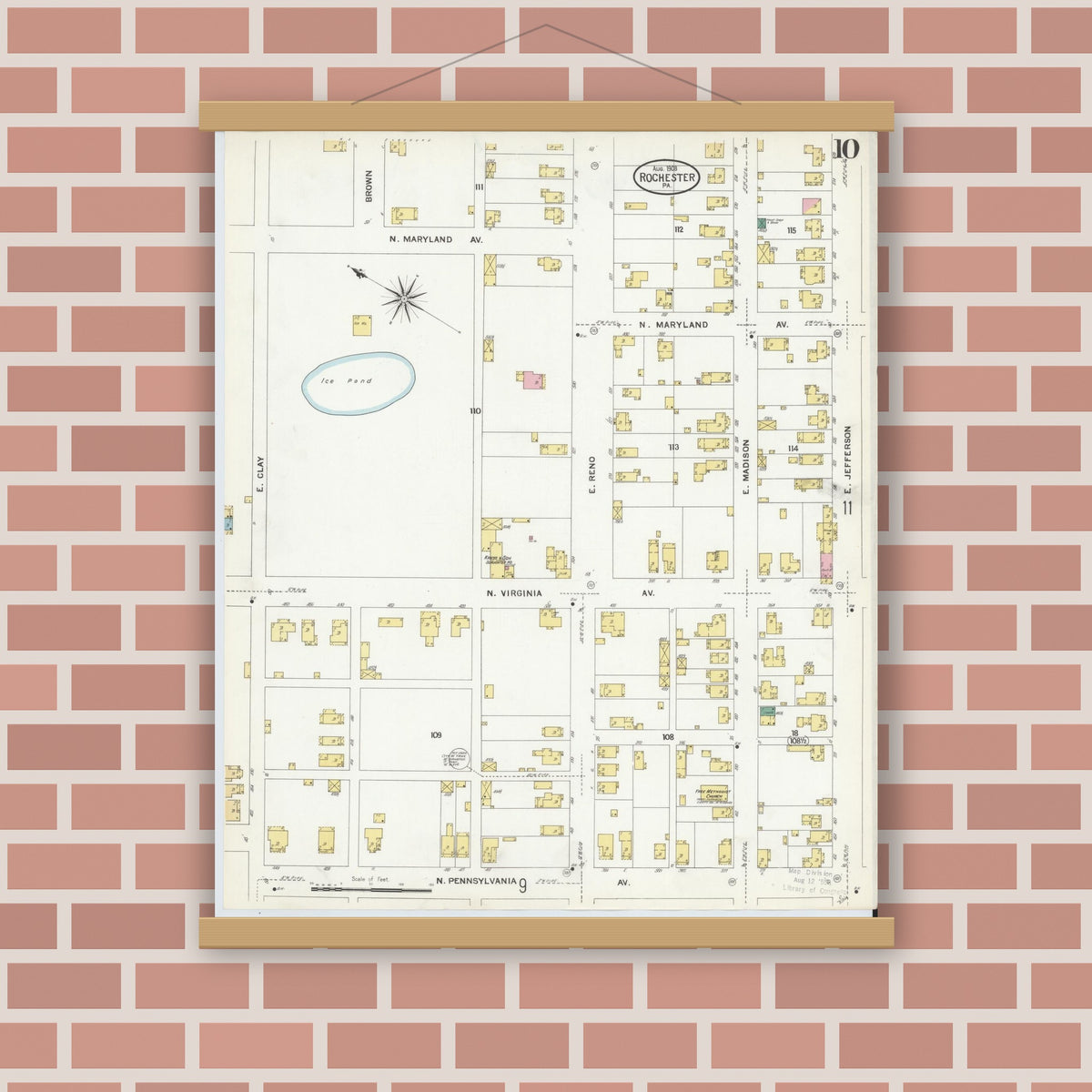 Old map wall art mockup — magnetic wood frame on brick wall — Sanborn Fire Insurance Map from Rochester, Beaver County, Pennsylvania (1908), Sheet #0010