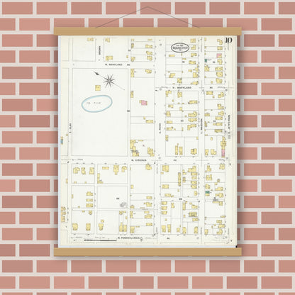 Old map wall art mockup — magnetic wood frame on brick wall — Sanborn Fire Insurance Map from Rochester, Beaver County, Pennsylvania (1908), Sheet #0010