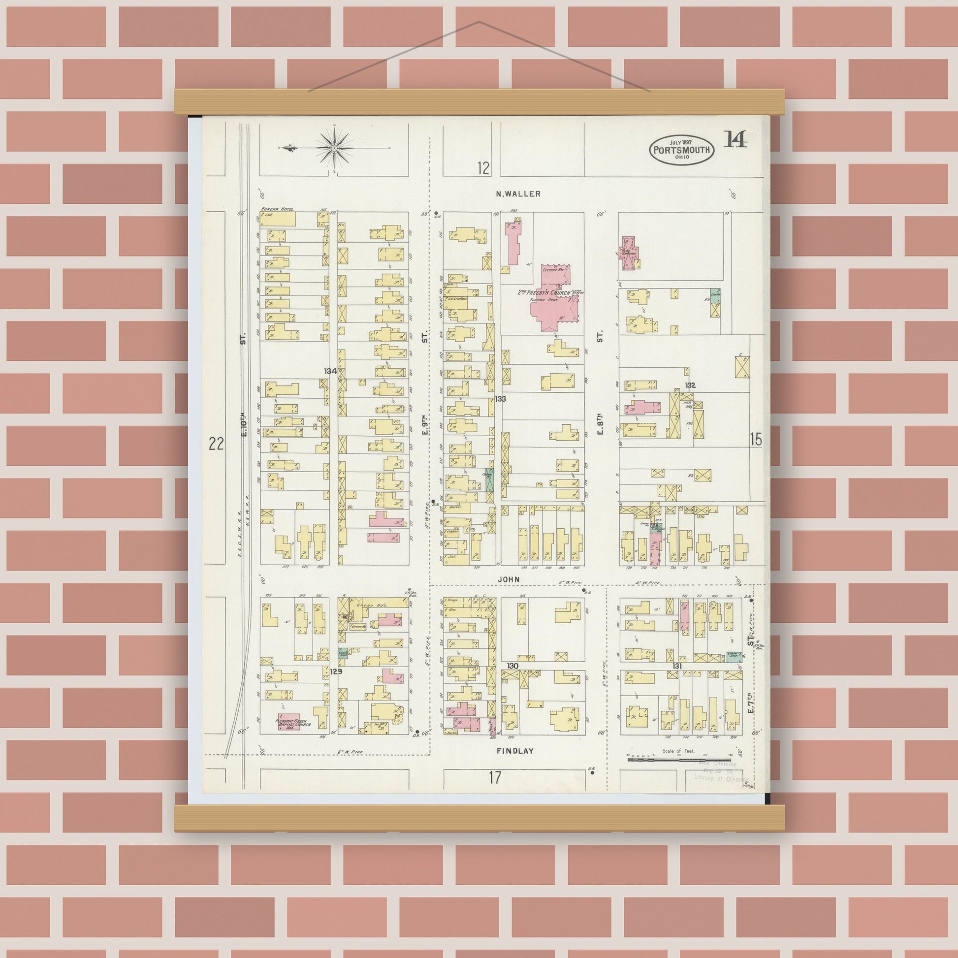 Old map wall art mockup — magnetic wood frame on brick wall — Sanborn Fire Insurance Map from Portsmouth, Scioto County, Ohio (1897), Sheet #0014