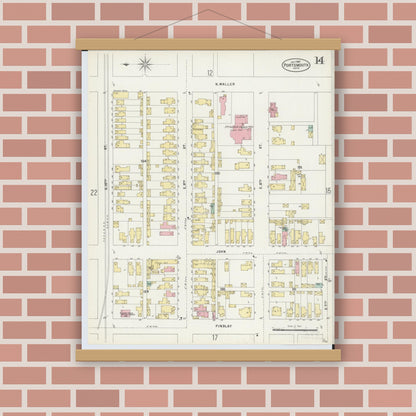 Old map wall art mockup — magnetic wood frame on brick wall — Sanborn Fire Insurance Map from Portsmouth, Scioto County, Ohio (1897), Sheet #0014