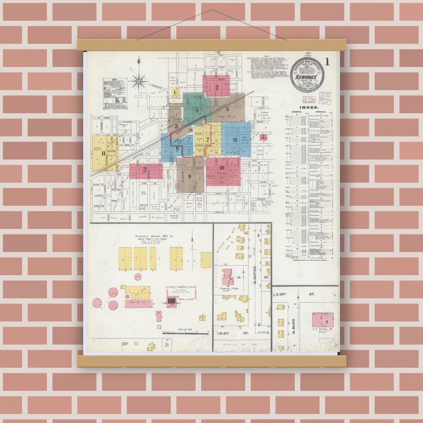 Old map wall art mockup — magnetic wood frame on brick wall — Sanborn Fire Insurance Map from Kewanee, Henry County, Illinois (1905), Sheet #0001