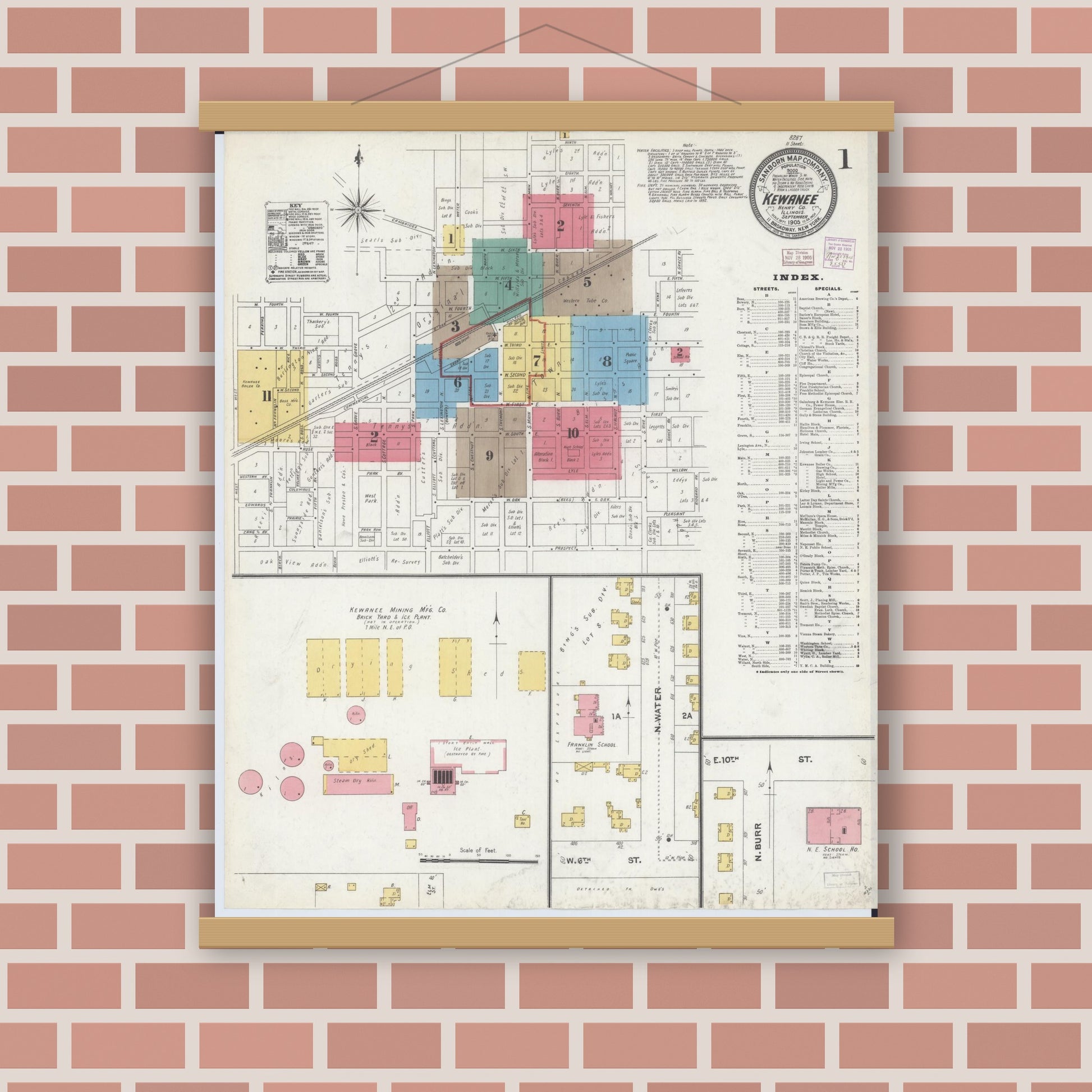 Old map wall art mockup — magnetic wood frame on brick wall — Sanborn Fire Insurance Map from Kewanee, Henry County, Illinois (1905), Sheet #0001