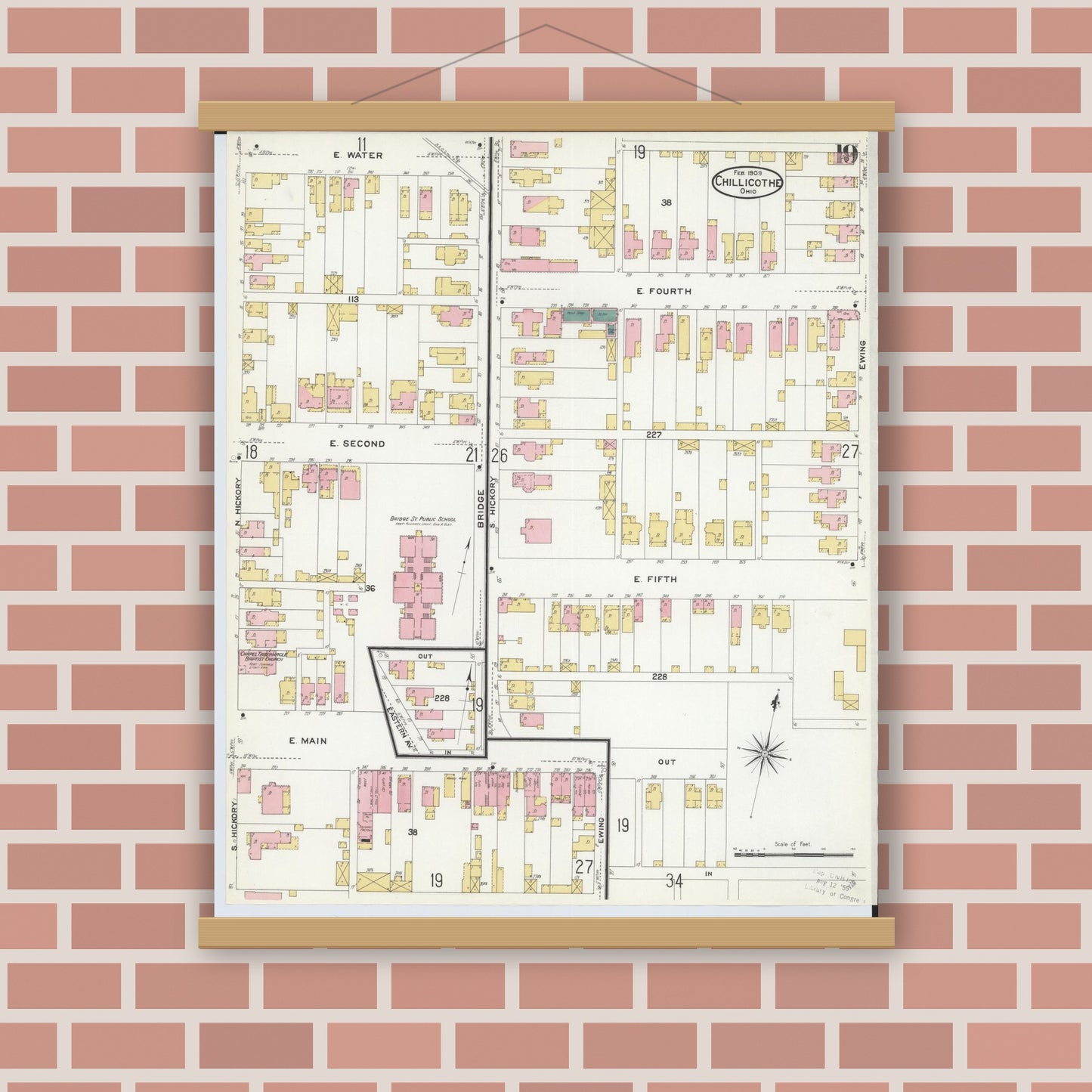 Old map wall art mockup — magnetic wood frame on brick wall — Sanborn Fire Insurance Map from Chillicothe, Ross County, Ohio (1909), Sheet #0019