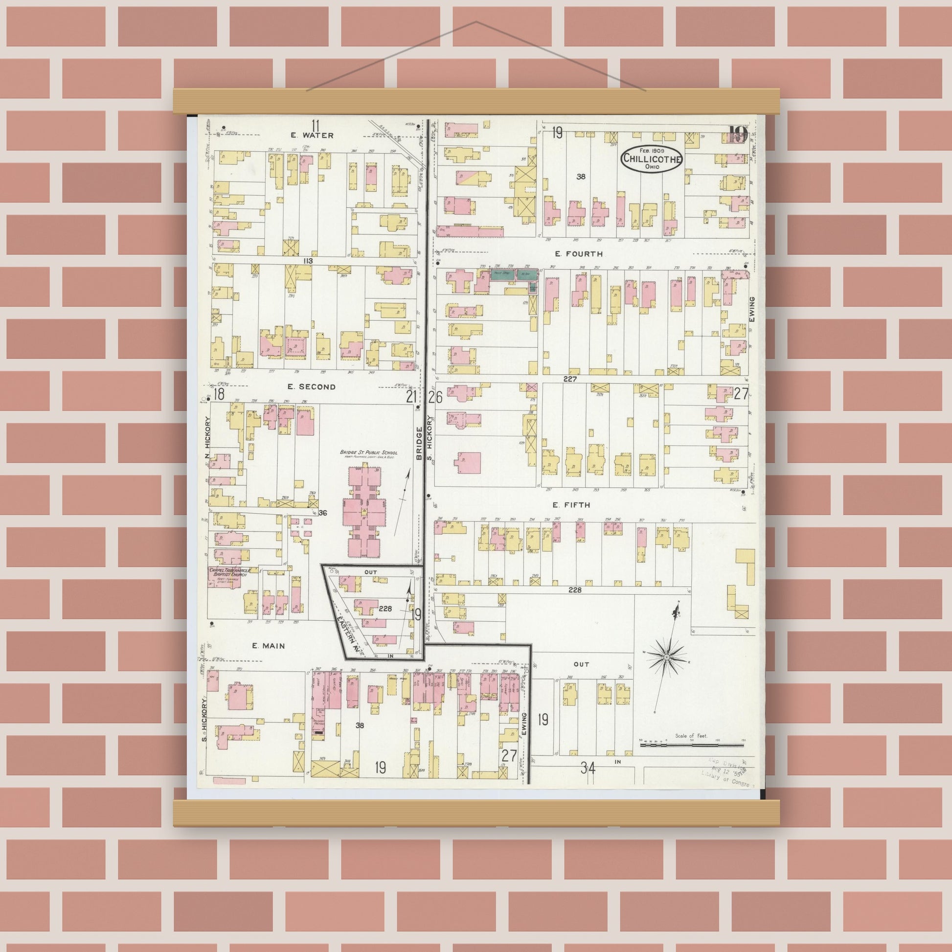 Old map wall art mockup — magnetic wood frame on brick wall — Sanborn Fire Insurance Map from Chillicothe, Ross County, Ohio (1909), Sheet #0019