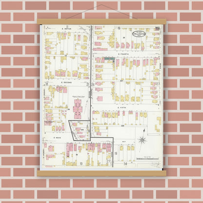 Old map wall art mockup — magnetic wood frame on brick wall — Sanborn Fire Insurance Map from Chillicothe, Ross County, Ohio (1909), Sheet #0019