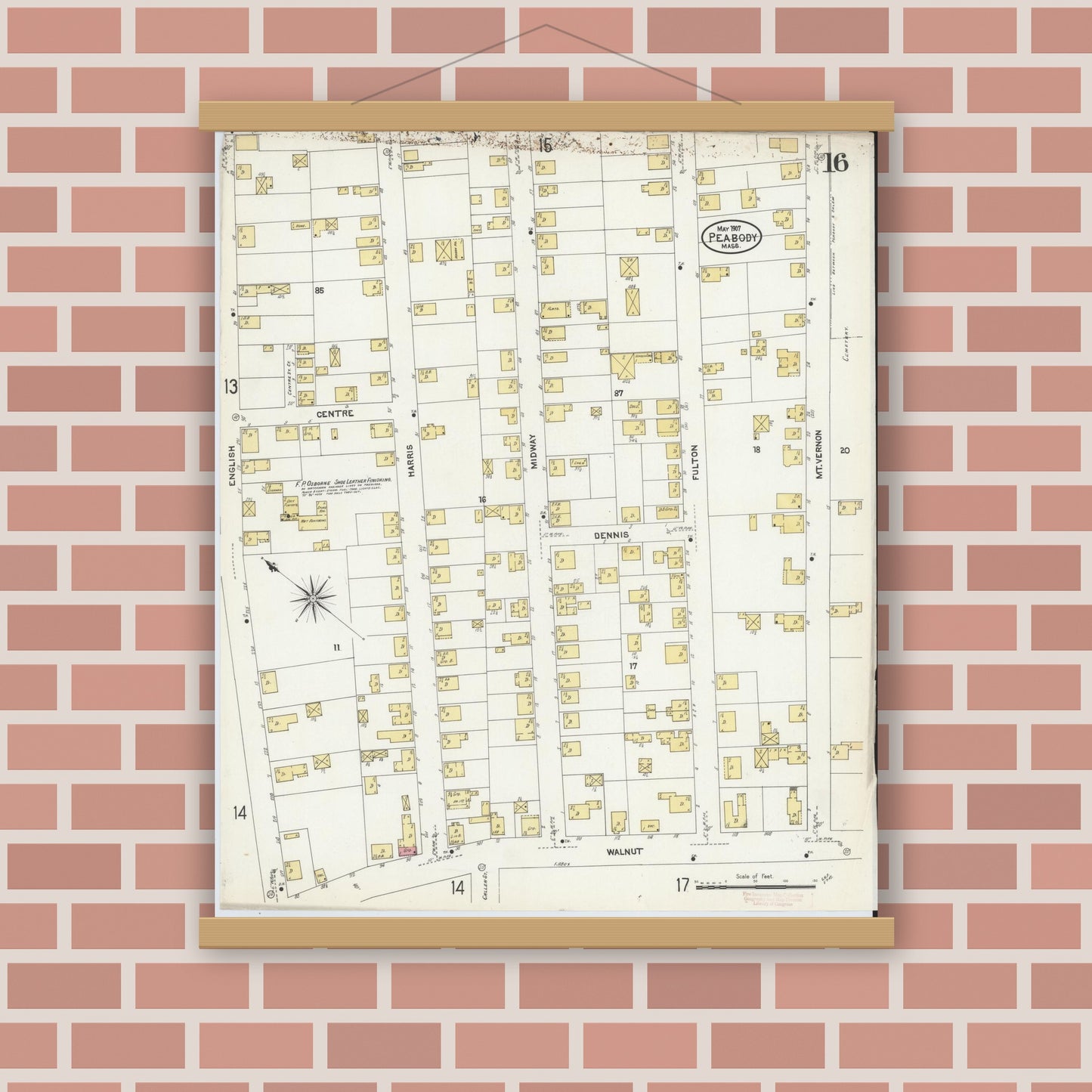 Old map wall art mockup — magnetic wood frame on brick wall — Sanborn Fire Insurance Map from Peabody, Essex County, Massachusetts (1907), Sheet #0016