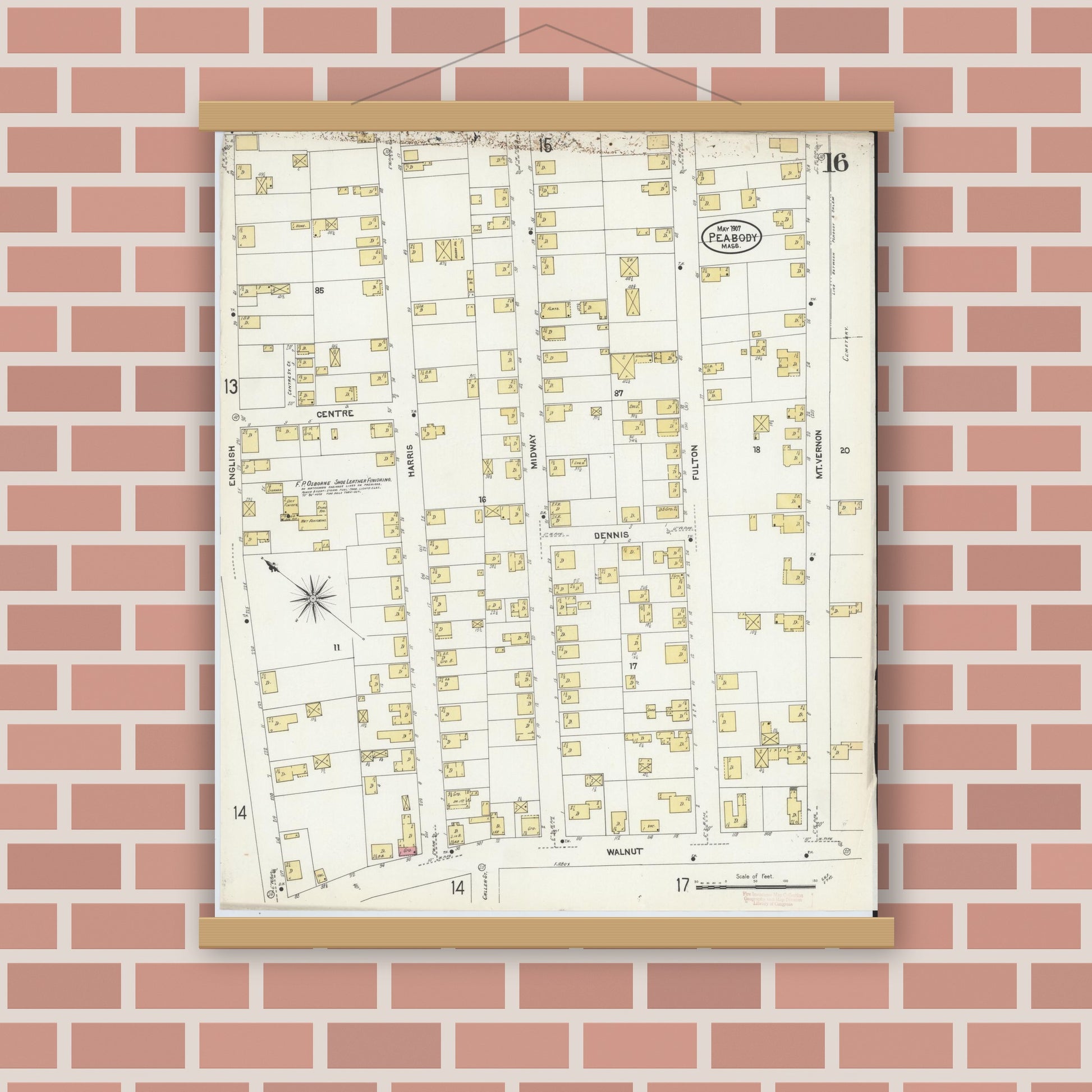 Old map wall art mockup — magnetic wood frame on brick wall — Sanborn Fire Insurance Map from Peabody, Essex County, Massachusetts (1907), Sheet #0016