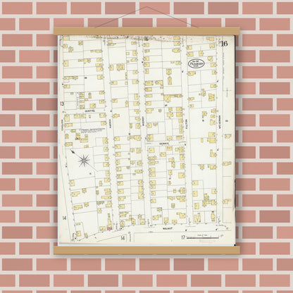 Old map wall art mockup — magnetic wood frame on brick wall — Sanborn Fire Insurance Map from Peabody, Essex County, Massachusetts (1907), Sheet #0016