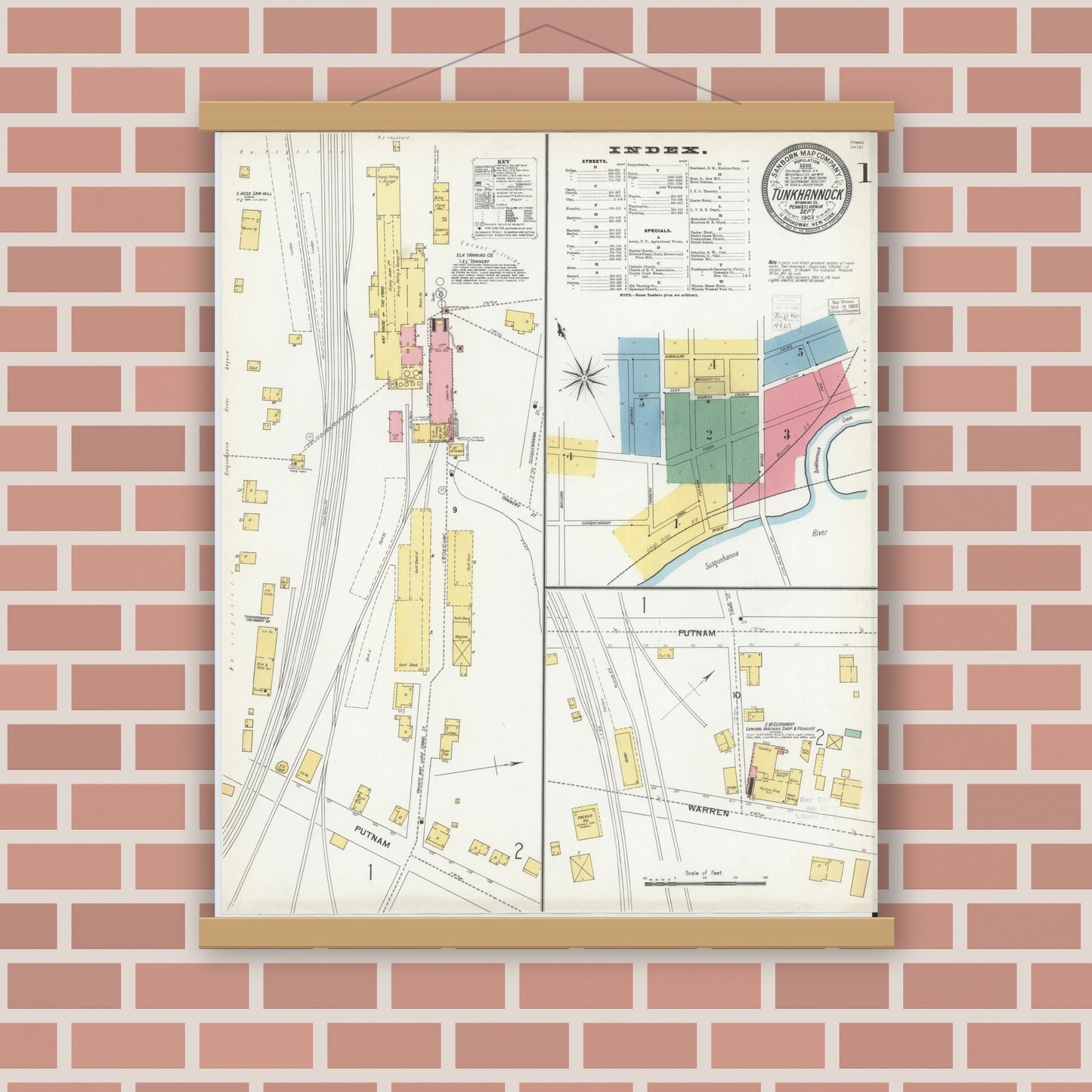 Old map wall art mockup — magnetic wood frame on brick wall — Sanborn Fire Insurance Map from Tunkhannock, Wyoming County, Pennsylvania (1903), Sheet #0001