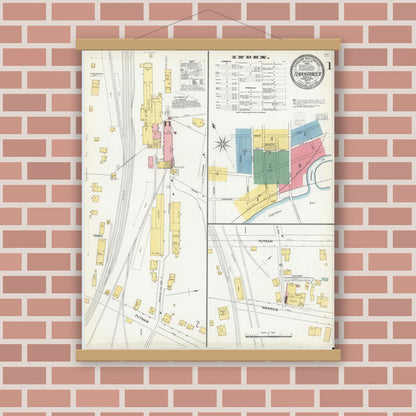 Old map wall art mockup — magnetic wood frame on brick wall — Sanborn Fire Insurance Map from Tunkhannock, Wyoming County, Pennsylvania (1903), Sheet #0001