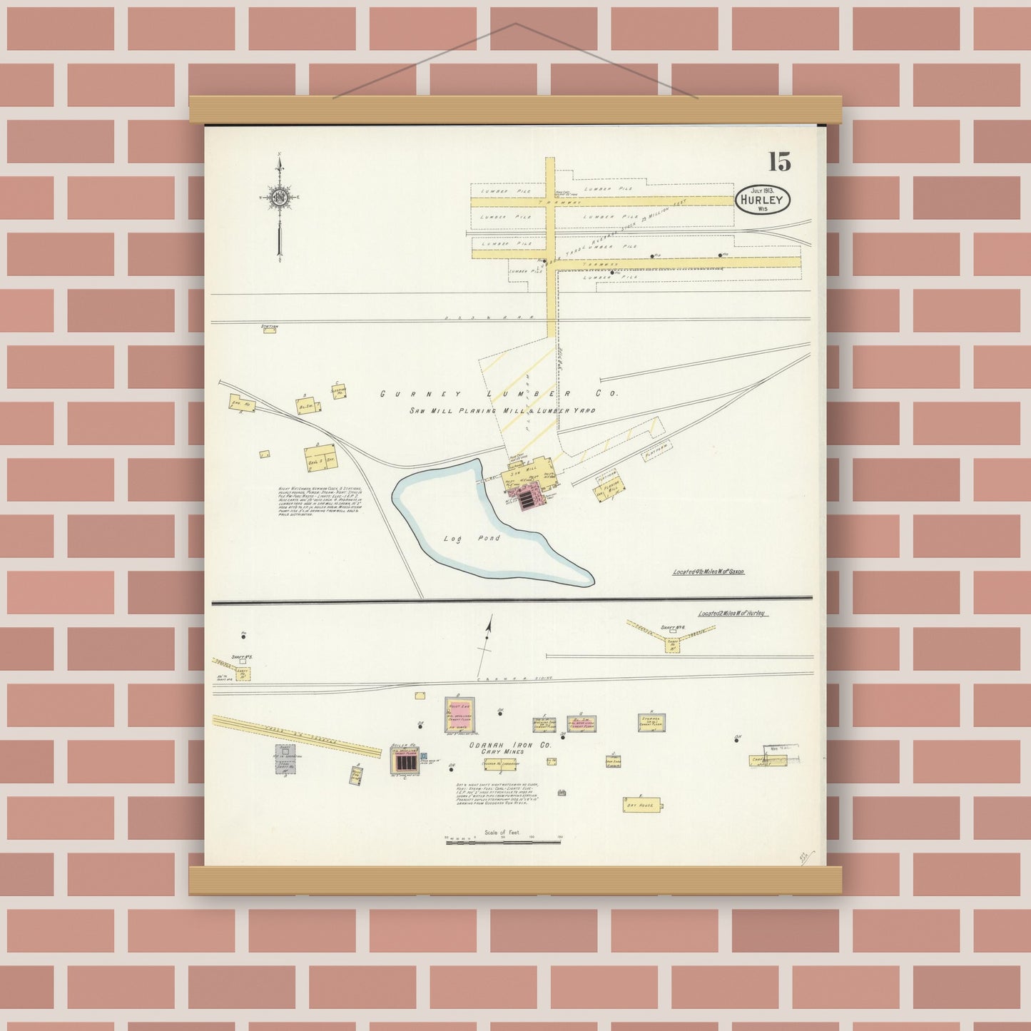 Old map wall art mockup — magnetic wood frame on brick wall — Sanborn Fire Insurance Map from Hurley, Iron County, Wisconsin (1913), Sheet #0015