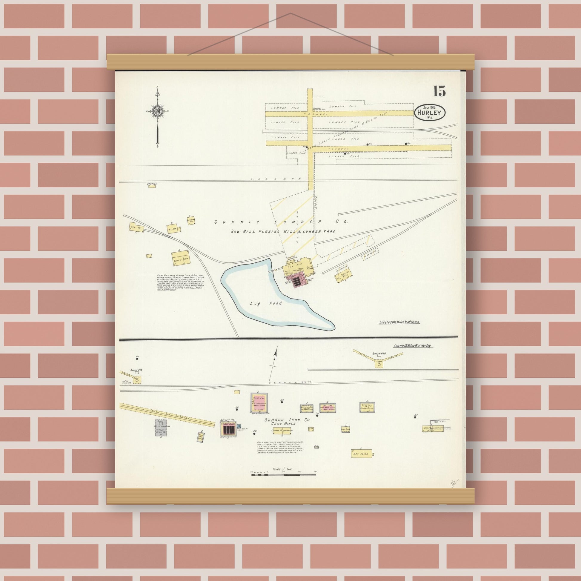 Old map wall art mockup — magnetic wood frame on brick wall — Sanborn Fire Insurance Map from Hurley, Iron County, Wisconsin (1913), Sheet #0015