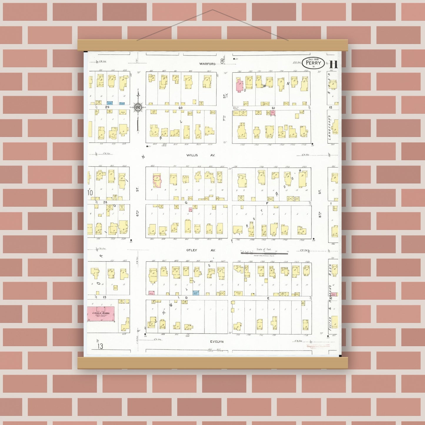 Old map wall art mockup — magnetic wood frame on brick wall — Sanborn Fire Insurance Map from Perry, Dallas County, Iowa (1918), Sheet #0011