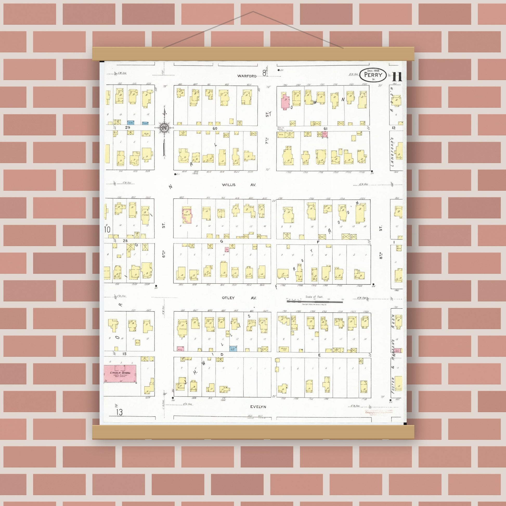 Old map wall art mockup — magnetic wood frame on brick wall — Sanborn Fire Insurance Map from Perry, Dallas County, Iowa (1918), Sheet #0011