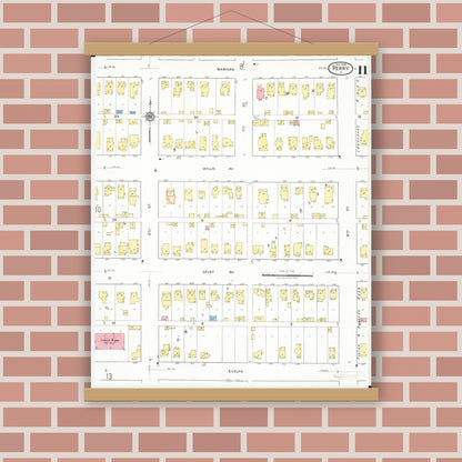Old map wall art mockup — magnetic wood frame on brick wall — Sanborn Fire Insurance Map from Perry, Dallas County, Iowa (1918), Sheet #0011