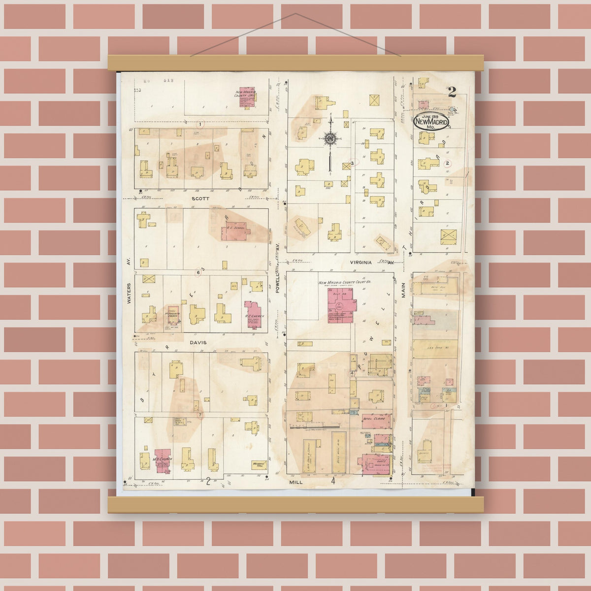 Old map wall art mockup — magnetic wood frame on brick wall — Sanborn Fire Insurance Map from New Madrid, New Madrid County, Missouri (1943), Sheet #0002