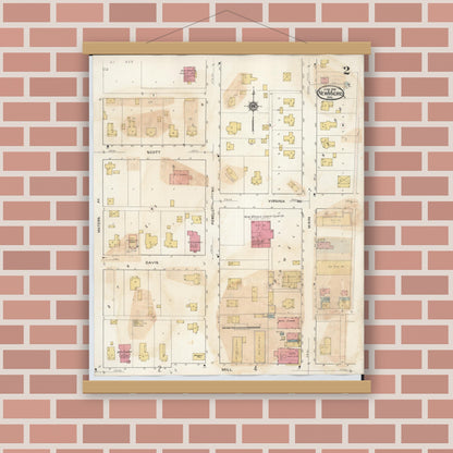 Old map wall art mockup — magnetic wood frame on brick wall — Sanborn Fire Insurance Map from New Madrid, New Madrid County, Missouri (1943), Sheet #0002