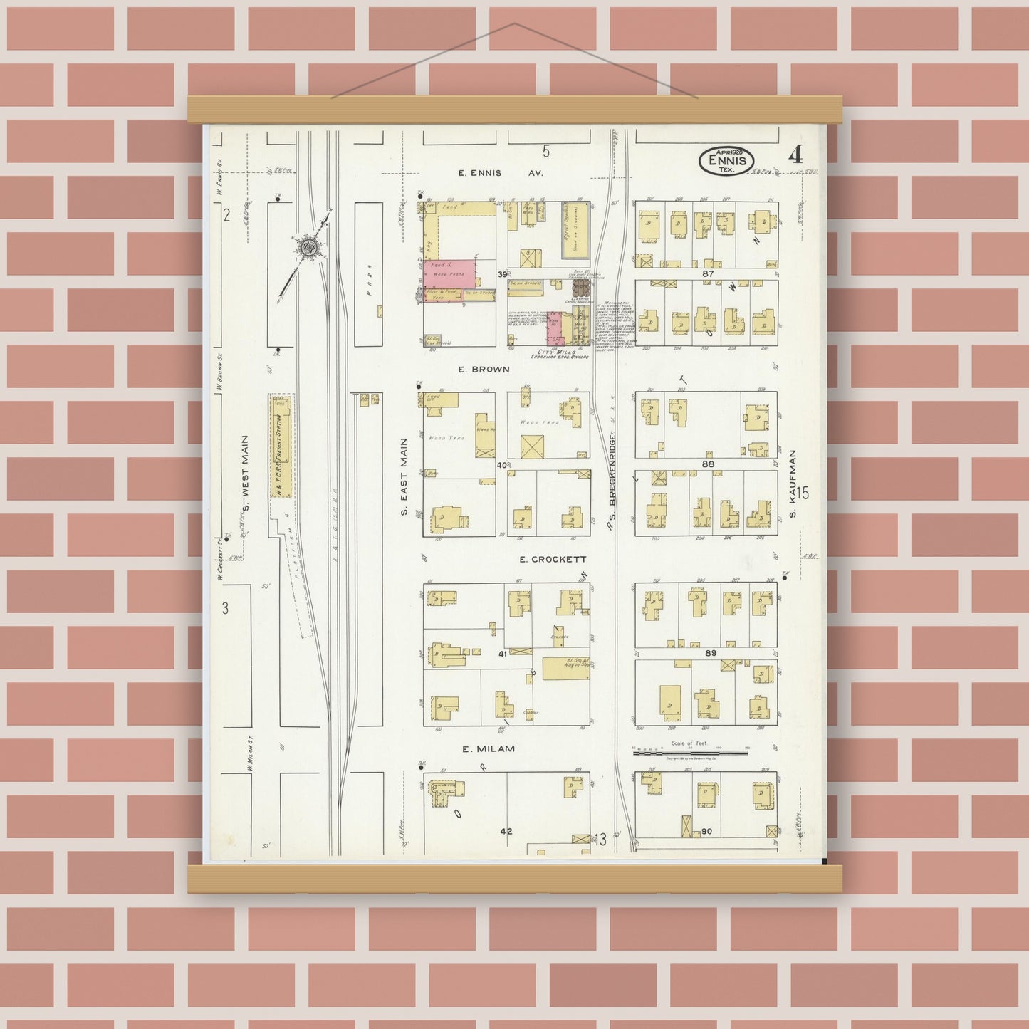 Old map wall art mockup — magnetic wood frame on brick wall — Sanborn Fire Insurance Map from Ennis, Ellis County, Texas (1920), Sheet #0004