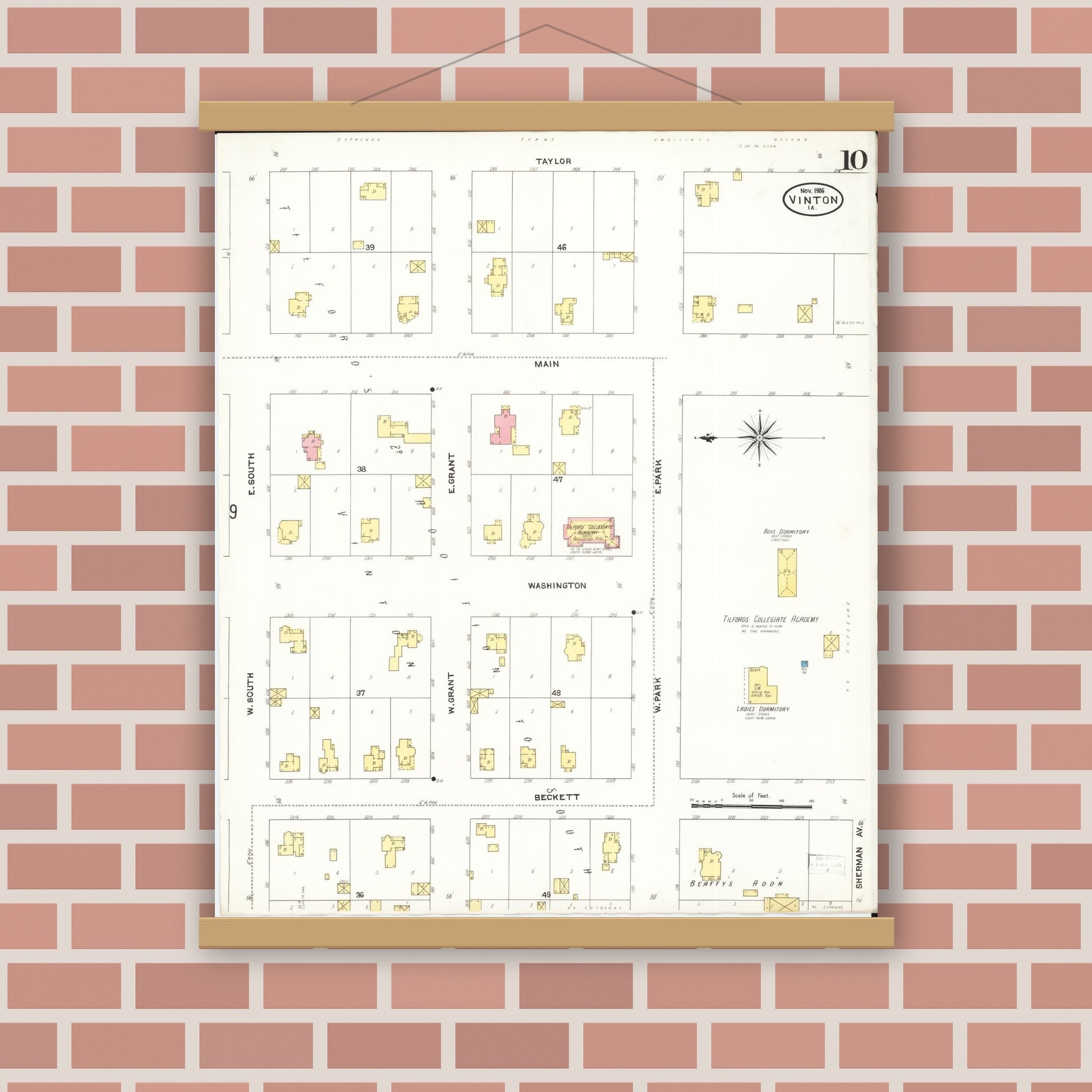Old map wall art mockup — magnetic wood frame on brick wall — Sanborn Fire Insurance Map from Vinton, Benton County, Iowa (1906), Sheet #0010