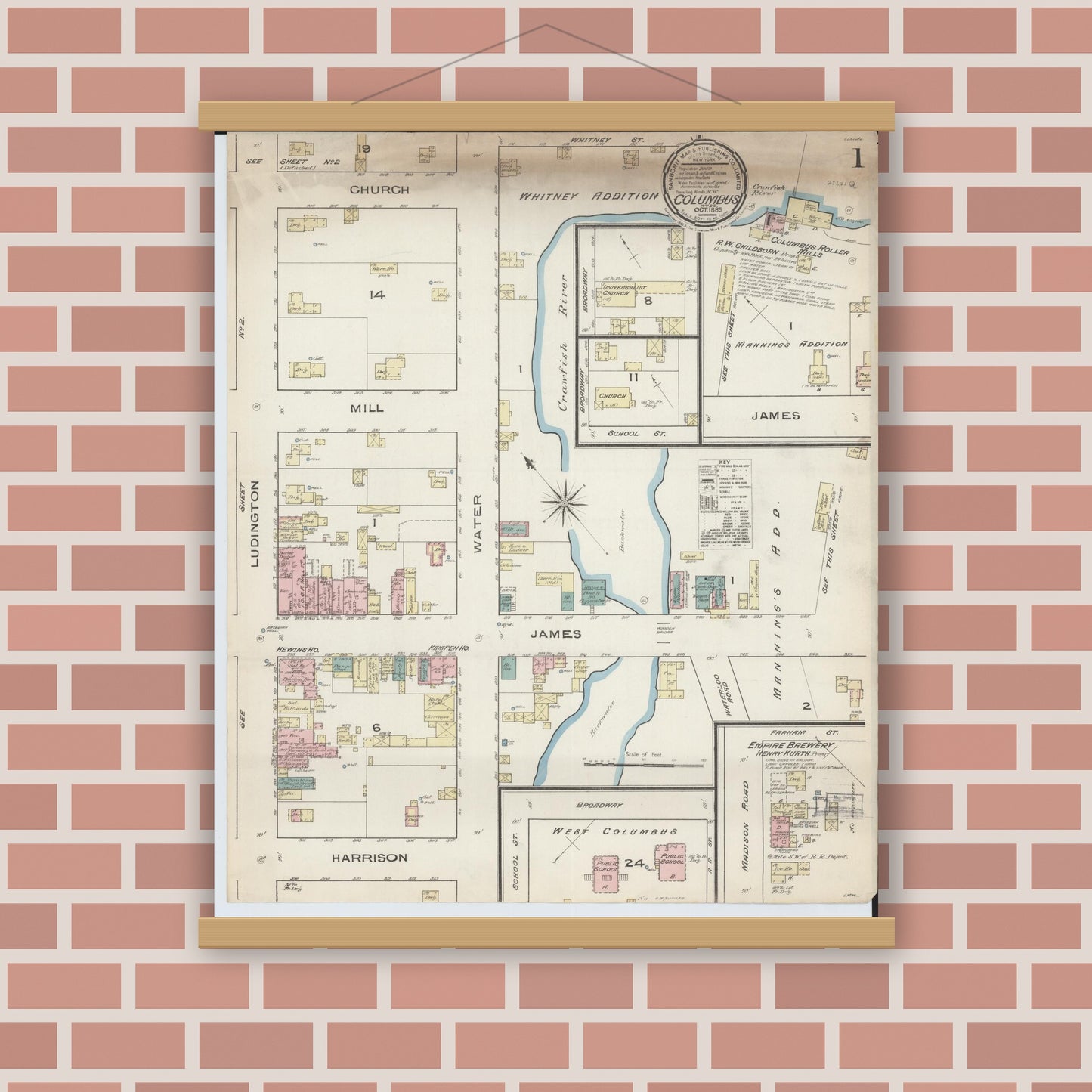 Old map wall art mockup — magnetic wood frame on brick wall — Sanborn Fire Insurance Map from Columbus, Columbia and Dodge County, Wisconsin (1885) - Complete Map Set