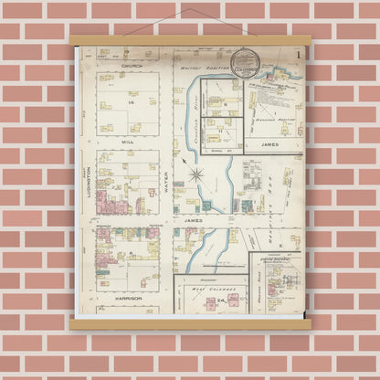 Old map wall art mockup — magnetic wood frame on brick wall — Sanborn Fire Insurance Map from Columbus, Columbia and Dodge County, Wisconsin (1885) - Complete Map Set