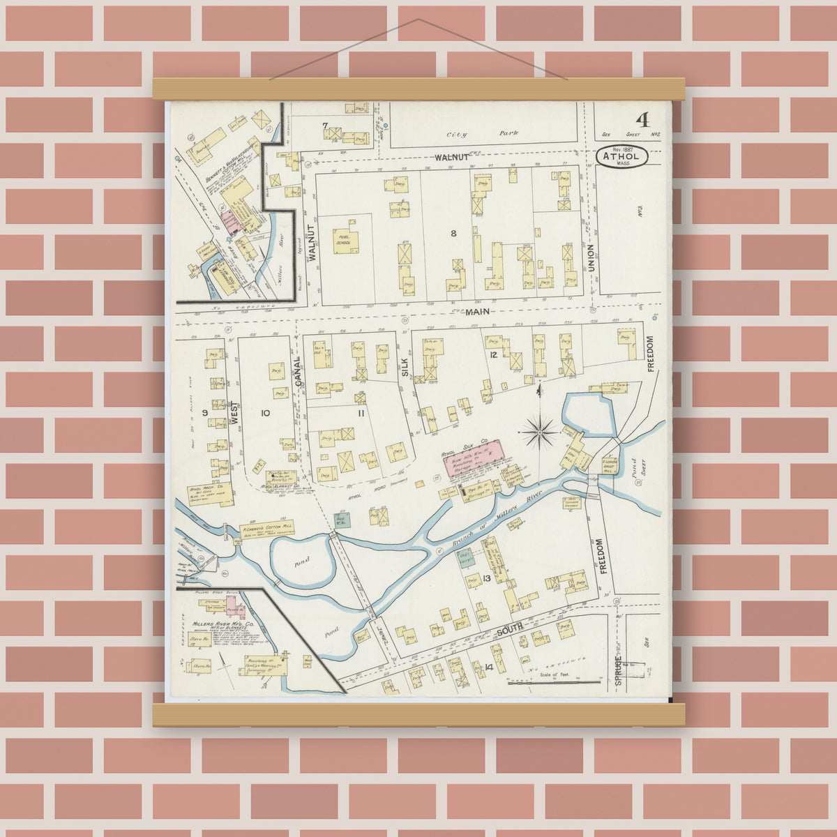 Old map wall art mockup — magnetic wood frame on brick wall — Sanborn Fire Insurance Map from Athol, Worcester County, Massachusetts (1887), Sheet #0004