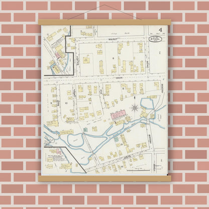 Old map wall art mockup — magnetic wood frame on brick wall — Sanborn Fire Insurance Map from Athol, Worcester County, Massachusetts (1887), Sheet #0004