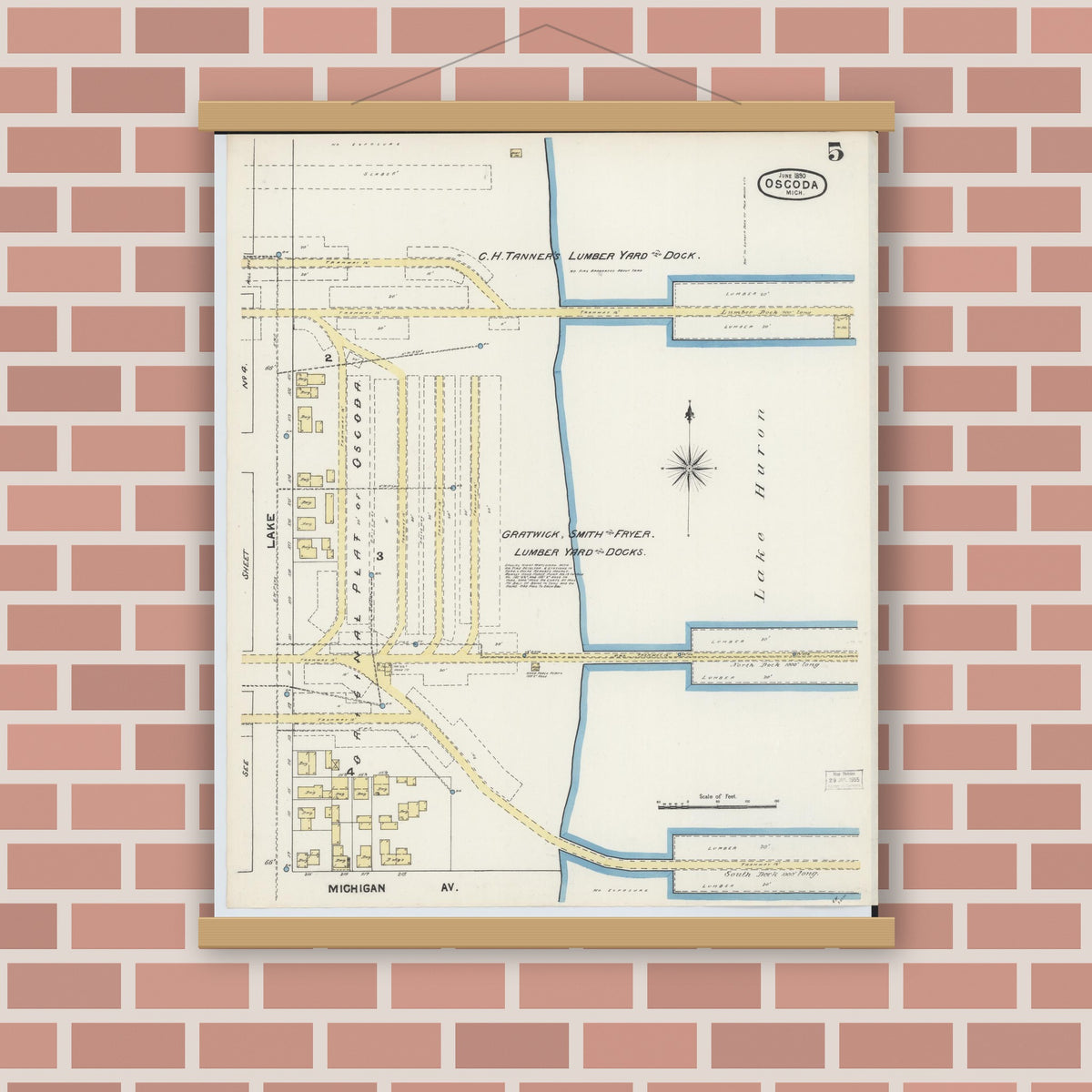 Old map wall art mockup — magnetic wood frame on brick wall — Sanborn Fire Insurance Map from Oscoda, Iosco County, Michigan (1890), Sheet #0005