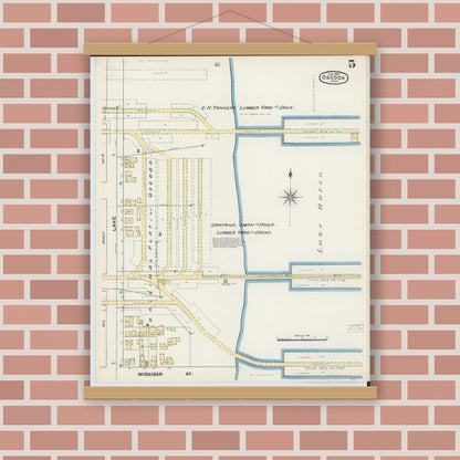 Old map wall art mockup — magnetic wood frame on brick wall — Sanborn Fire Insurance Map from Oscoda, Iosco County, Michigan (1890), Sheet #0005