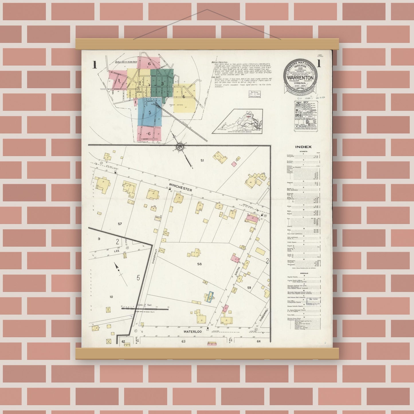 Old map wall art mockup — magnetic wood frame on brick wall — Sanborn Fire Insurance Map from Warrenton, Fauquier County, Virginia (1924), Sheet #0001