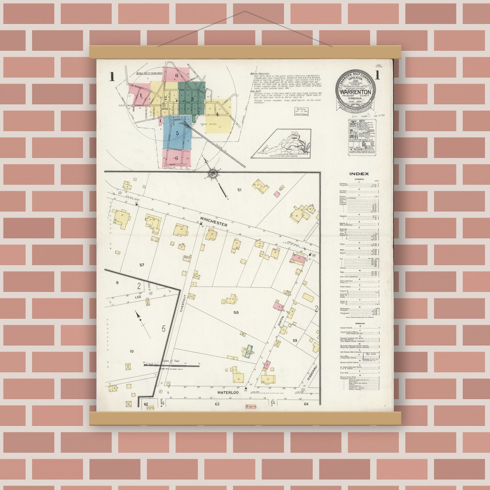 Old map wall art mockup — magnetic wood frame on brick wall — Sanborn Fire Insurance Map from Warrenton, Fauquier County, Virginia (1924), Sheet #0001
