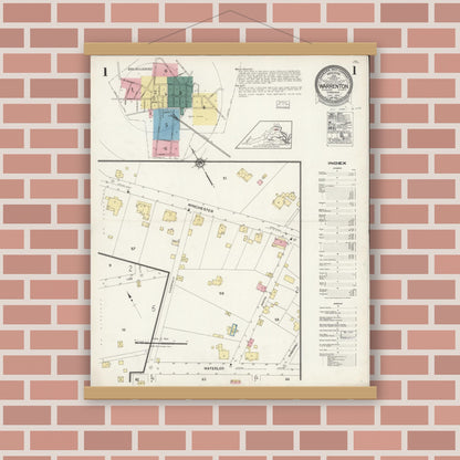 Old map wall art mockup — magnetic wood frame on brick wall — Sanborn Fire Insurance Map from Warrenton, Fauquier County, Virginia (1924), Sheet #0001