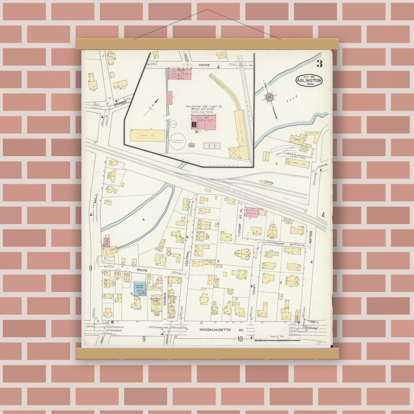 Old map wall art mockup — magnetic wood frame on brick wall — Sanborn Fire Insurance Map from Arlington, Middlesex County, Massachusetts (1914), Sheet #0003