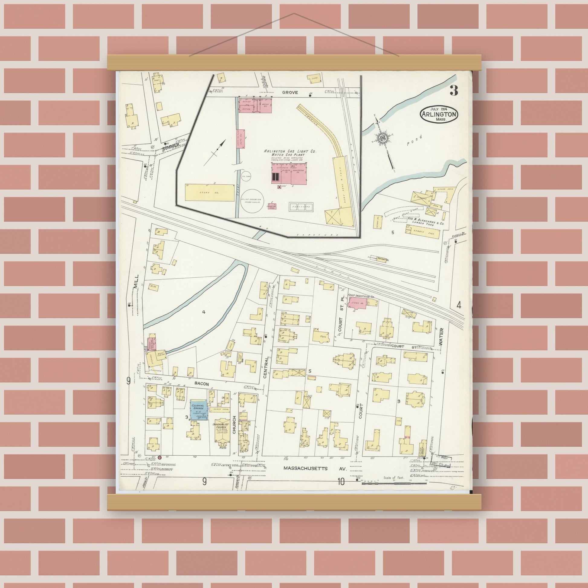 Old map wall art mockup — magnetic wood frame on brick wall — Sanborn Fire Insurance Map from Arlington, Middlesex County, Massachusetts (1914), Sheet #0003