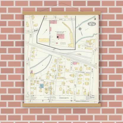 Old map wall art mockup — magnetic wood frame on brick wall — Sanborn Fire Insurance Map from Arlington, Middlesex County, Massachusetts (1914), Sheet #0003