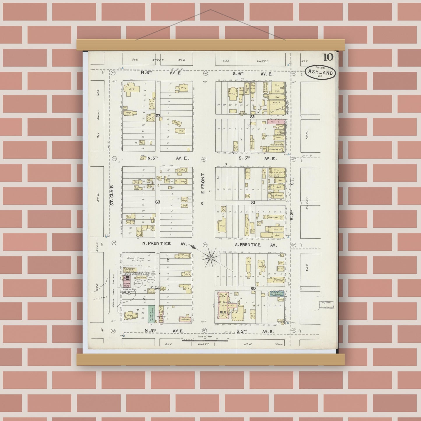Old map wall art mockup — magnetic wood frame on brick wall — Sanborn Fire Insurance Map from Ashland, Ashland County, Wisconsin (1890), Sheet #0010