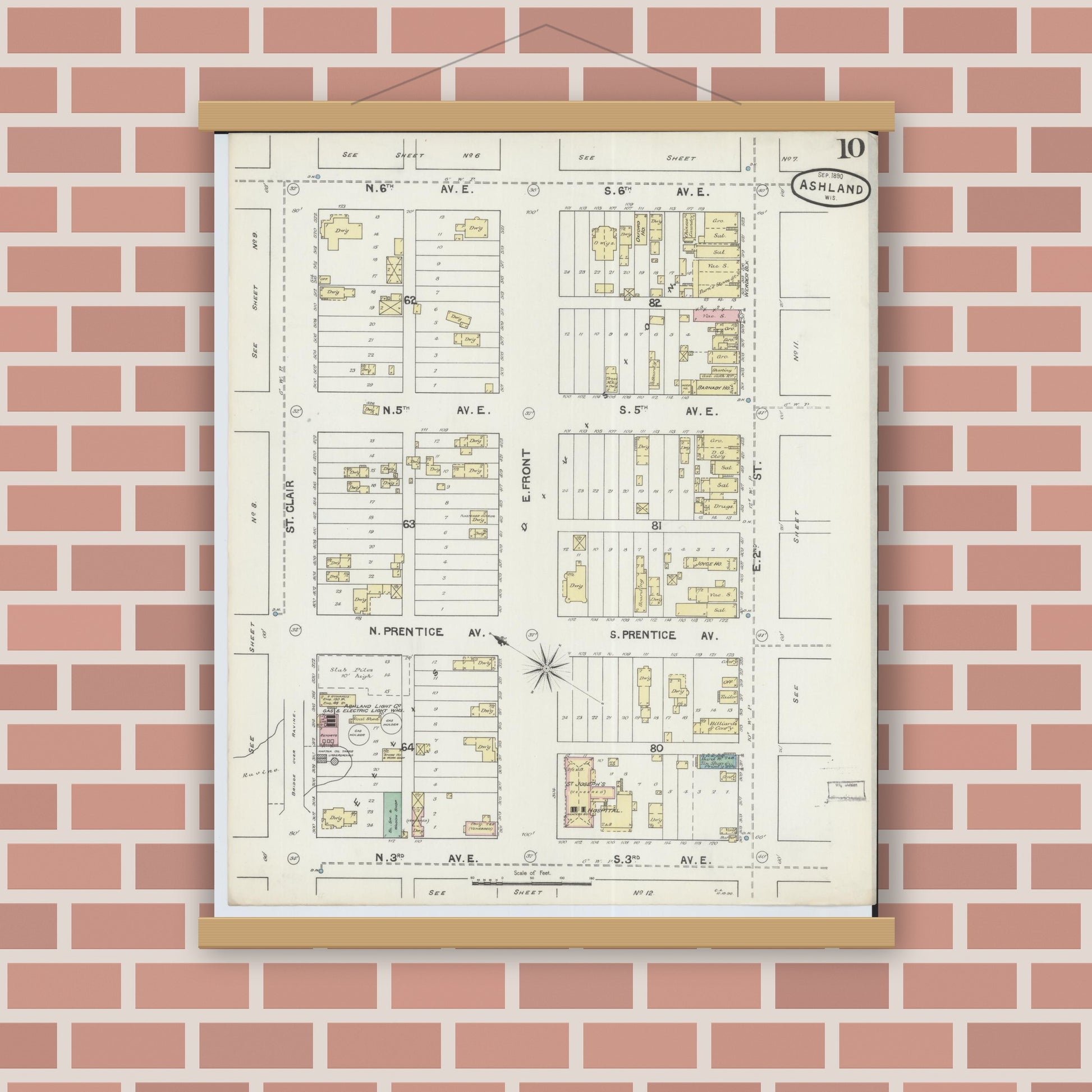 Old map wall art mockup — magnetic wood frame on brick wall — Sanborn Fire Insurance Map from Ashland, Ashland County, Wisconsin (1890), Sheet #0010