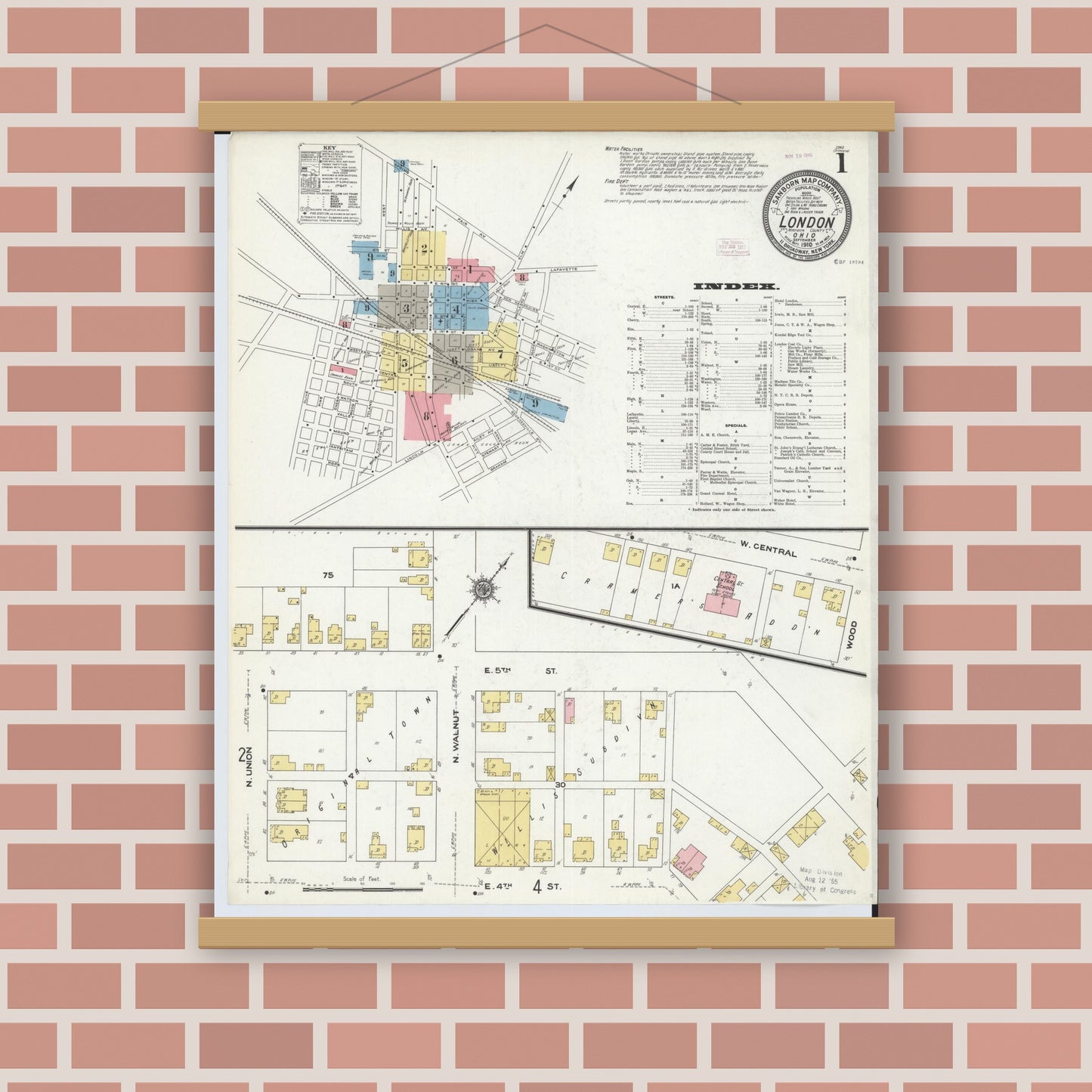 Old map wall art mockup — magnetic wood frame on brick wall — Sanborn Fire Insurance Map from London, Madison County, Ohio (1910) - Complete Map Set