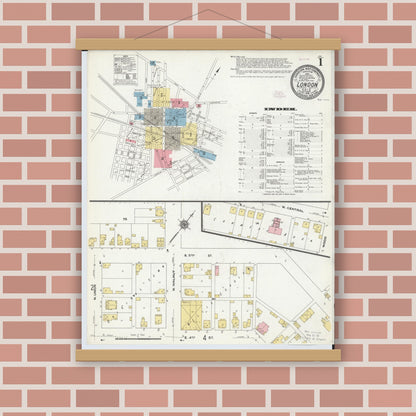 Old map wall art mockup — magnetic wood frame on brick wall — Sanborn Fire Insurance Map from London, Madison County, Ohio (1910) - Complete Map Set