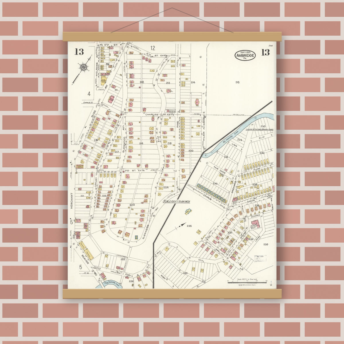 Old map wall art mockup — magnetic wood frame on brick wall — Sanborn Fire Insurance Map from Ambridge, Beaver County, Pennsylvania (1923), Sheet #0013