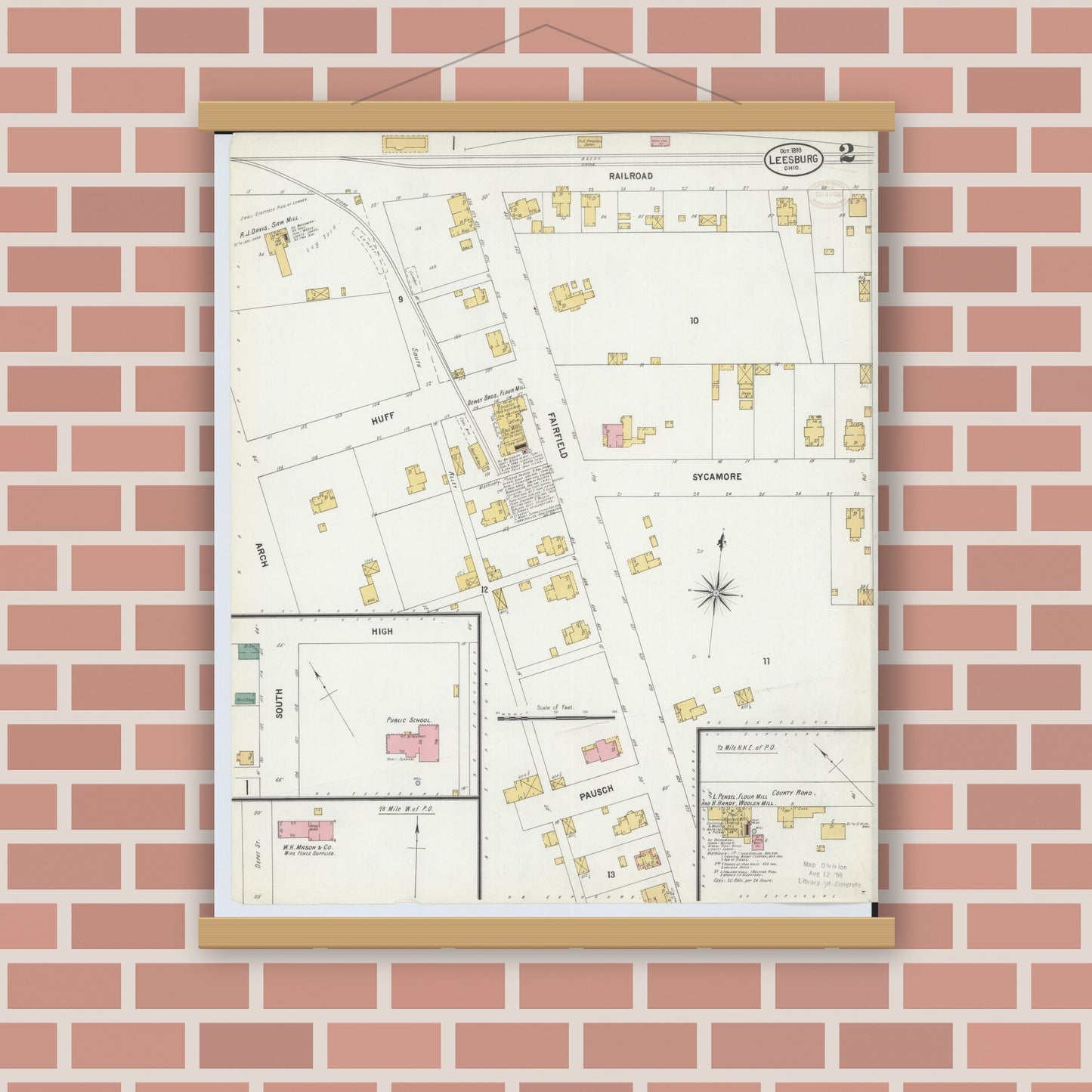 Old map wall art mockup — magnetic wood frame on brick wall — Sanborn Fire Insurance Map from Leesburg, Highland County, Ohio (1899), Sheet #0002
