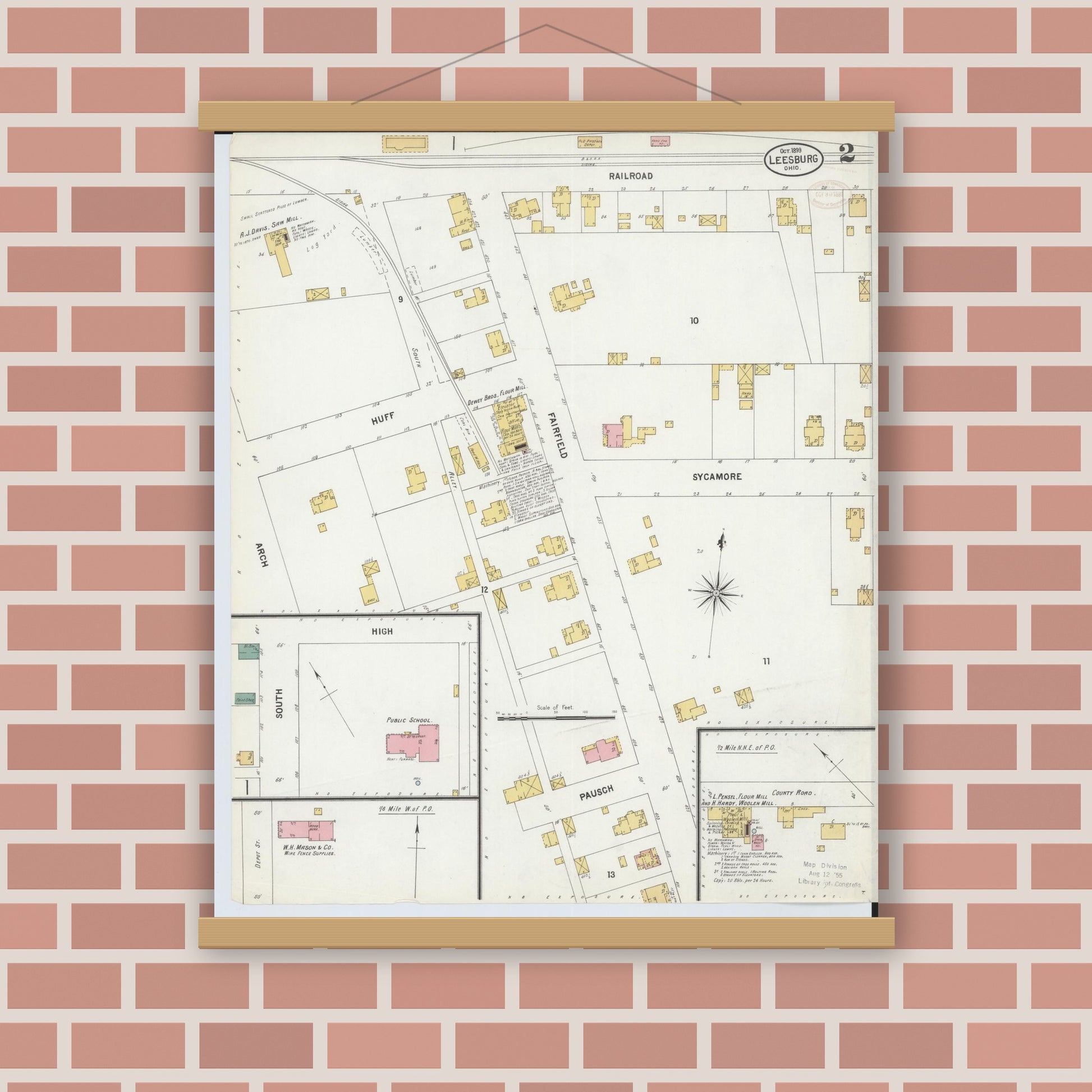 Old map wall art mockup — magnetic wood frame on brick wall — Sanborn Fire Insurance Map from Leesburg, Highland County, Ohio (1899), Sheet #0002
