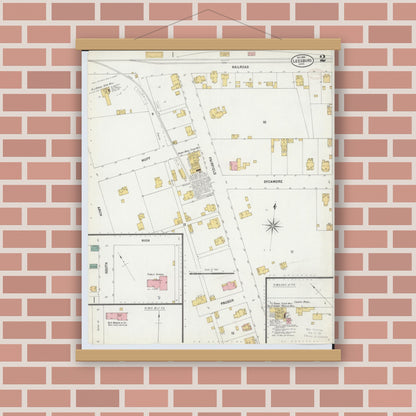 Old map wall art mockup — magnetic wood frame on brick wall — Sanborn Fire Insurance Map from Leesburg, Highland County, Ohio (1899), Sheet #0002