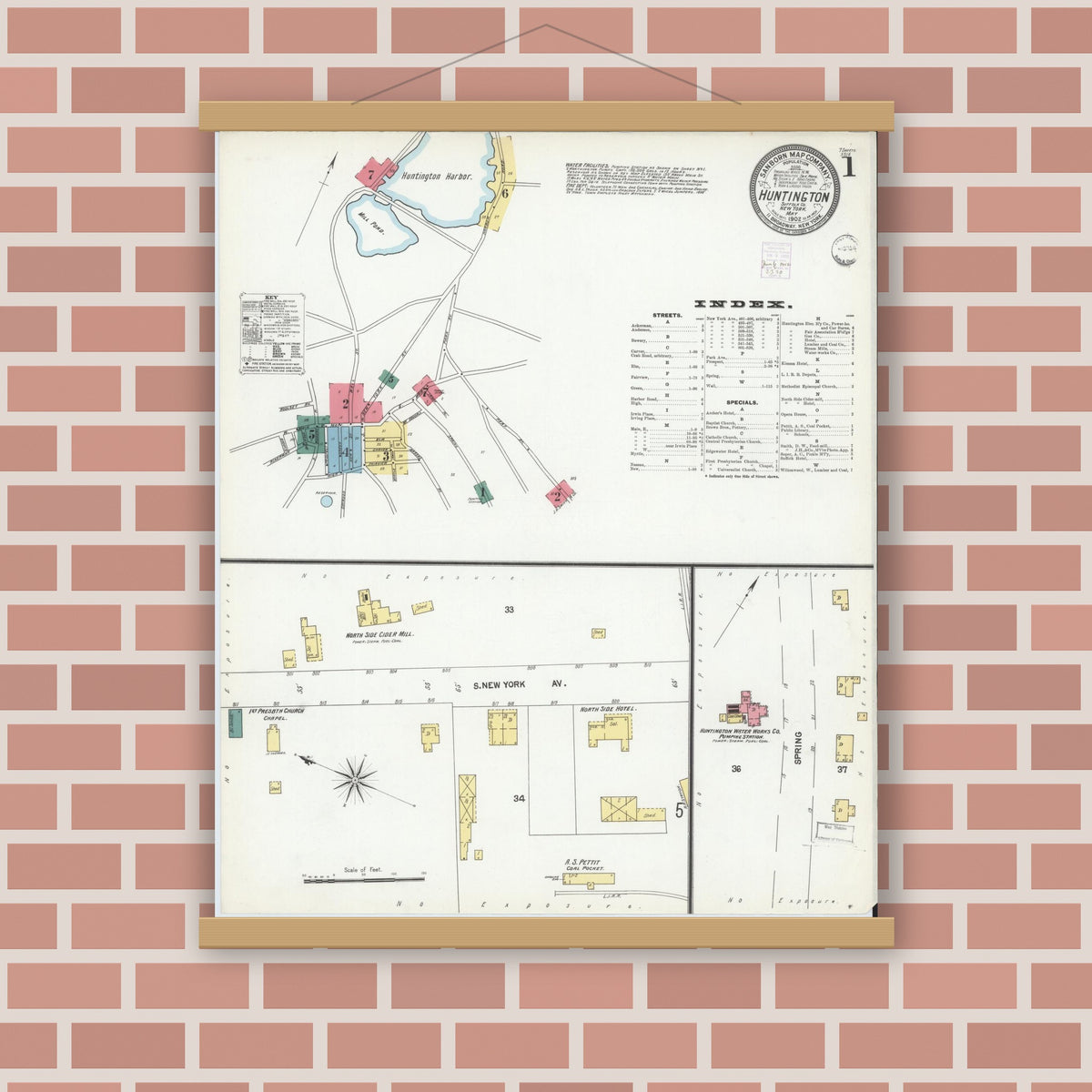 Old map wall art mockup — magnetic wood frame on brick wall — Sanborn Fire Insurance Map from Huntington, Suffolk County, New York (1902) - Complete Map Set