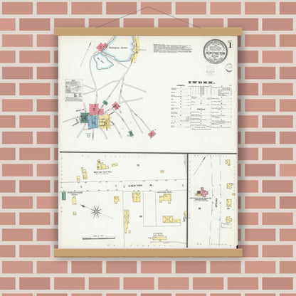Old map wall art mockup — magnetic wood frame on brick wall — Sanborn Fire Insurance Map from Huntington, Suffolk County, New York (1902) - Complete Map Set
