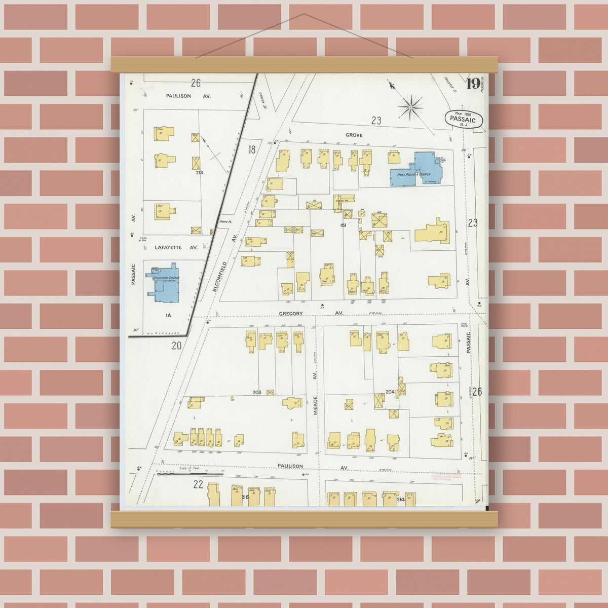 Old map wall art mockup — magnetic wood frame on brick wall — Sanborn Fire Insurance Map from Passaic, Passaic County, New Jersey (1899), Sheet #0019
