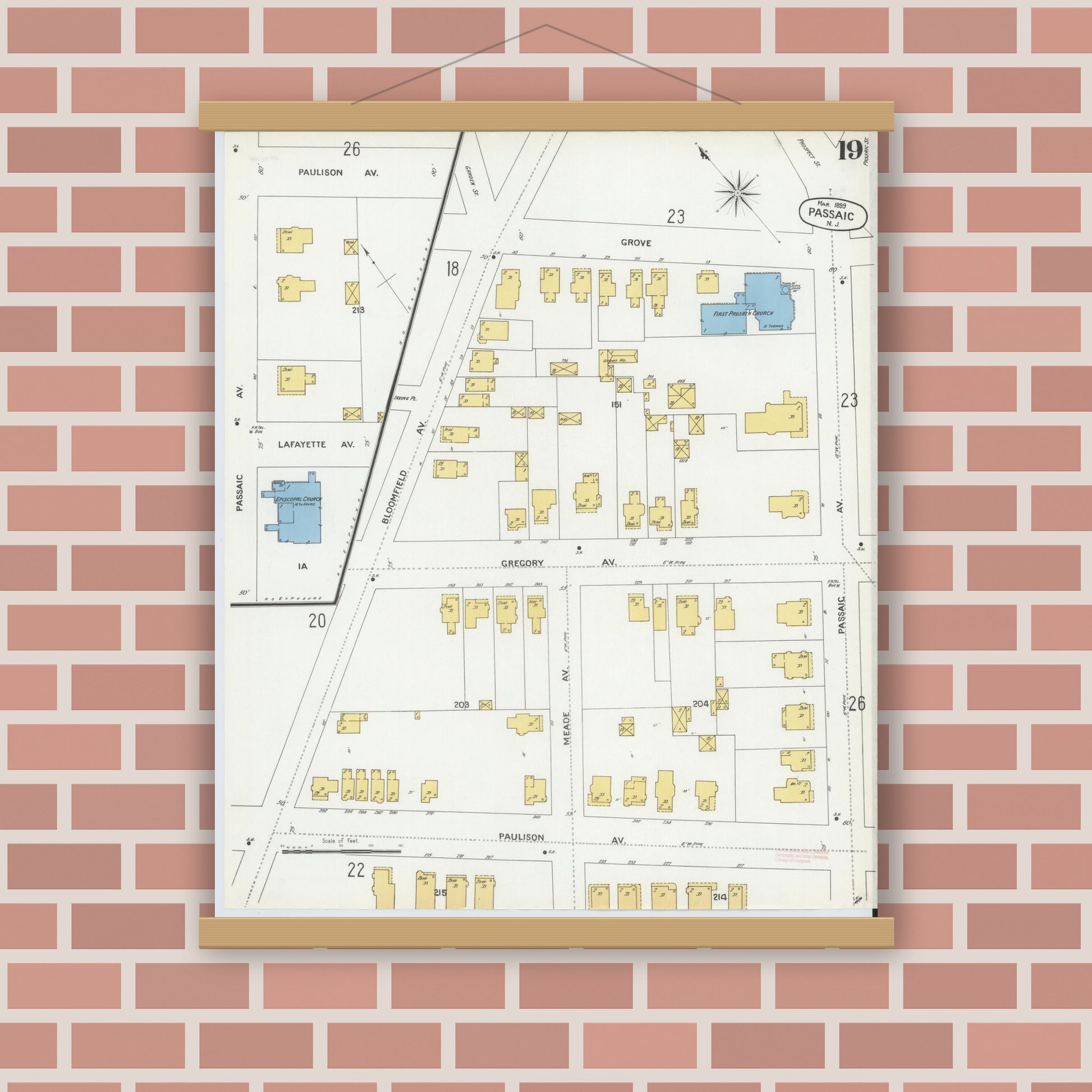 Old map wall art mockup — magnetic wood frame on brick wall — Sanborn Fire Insurance Map from Passaic, Passaic County, New Jersey (1899), Sheet #0019