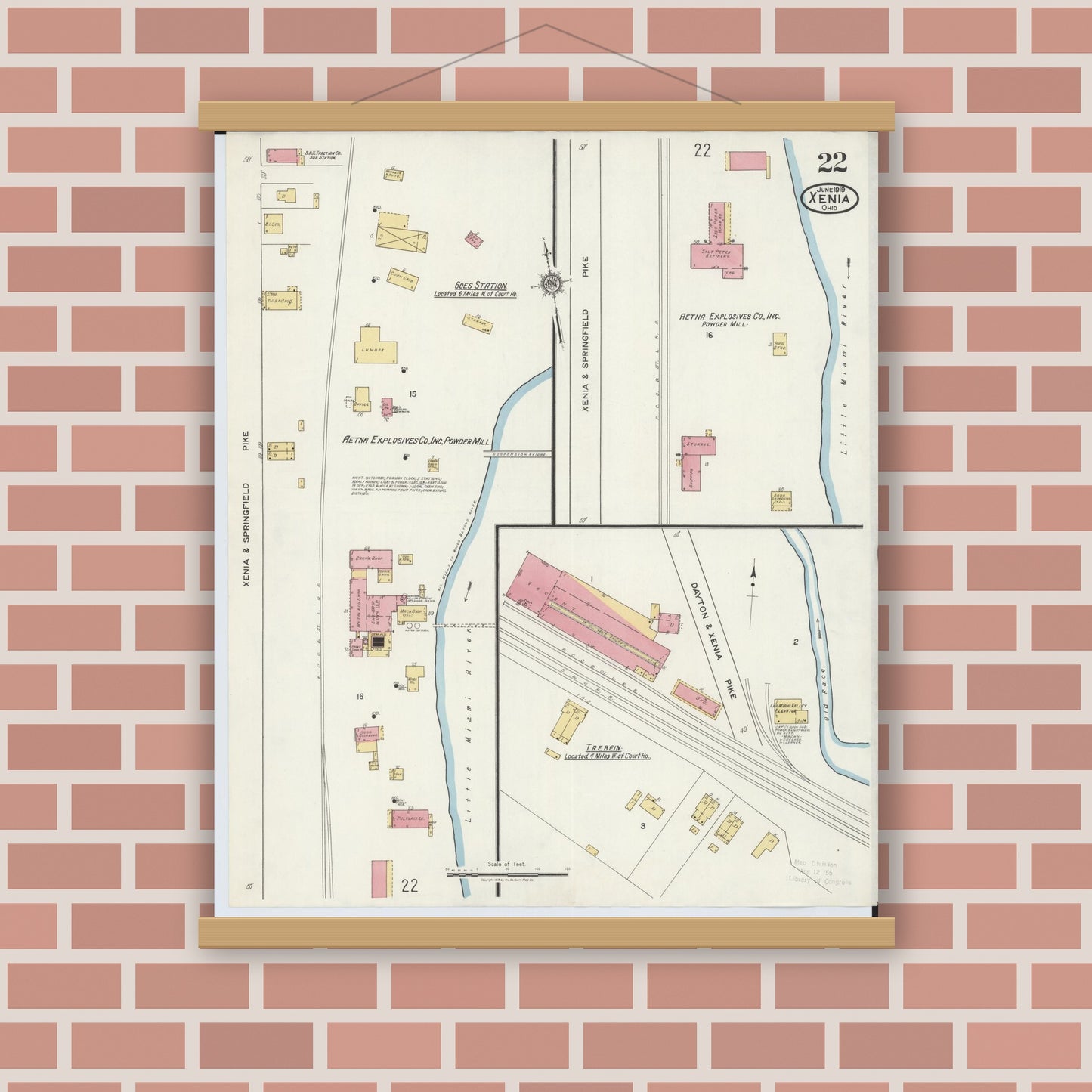Old map wall art mockup — magnetic wood frame on brick wall — Sanborn Fire Insurance Map from Xenia, Greene County, Ohio (1919), Sheet #0022