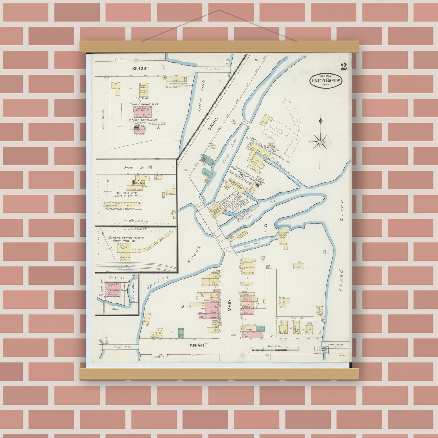 Old map wall art mockup — magnetic wood frame on brick wall — Sanborn Fire Insurance Map from Eaton Rapids, Eaton County, Michigan (1892), Sheet #0002